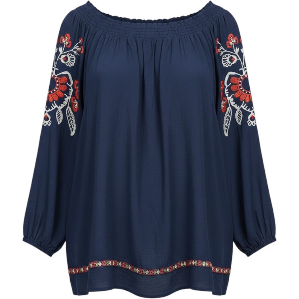 Hannah Navy Blue Embroidered Boho Peasant Blouse Smocked Off Shoulder Top‎ XL